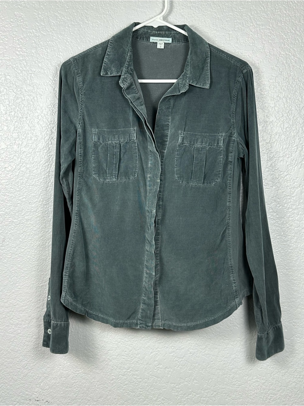 James Perse Womens Fine Wale Micro Corduroy Utility Button Down Shirt Sage Green